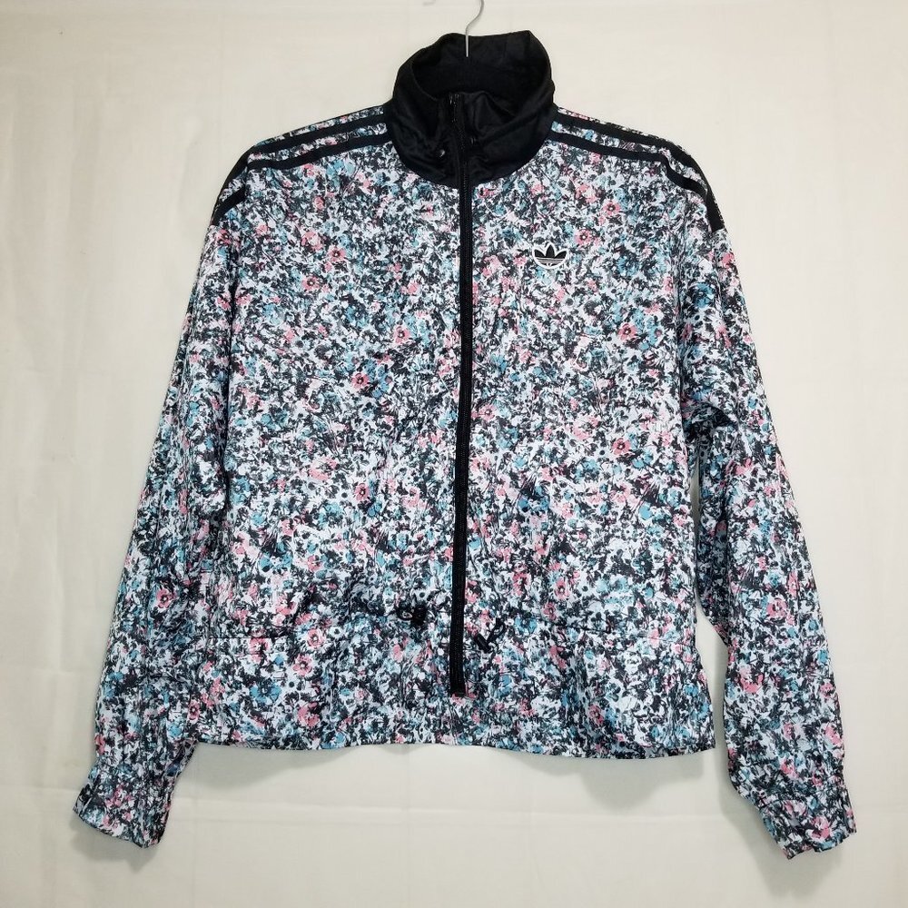 Adidas trefoil floral track jacket multi size XS full zip satin-silky fabric